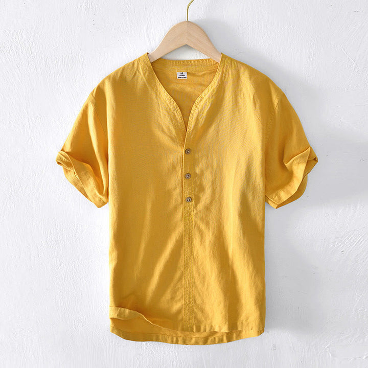 Chemise d'été à col montant et manches courtes en coton et lin pour homme, demi-boutonnage, motif Buddha Stones