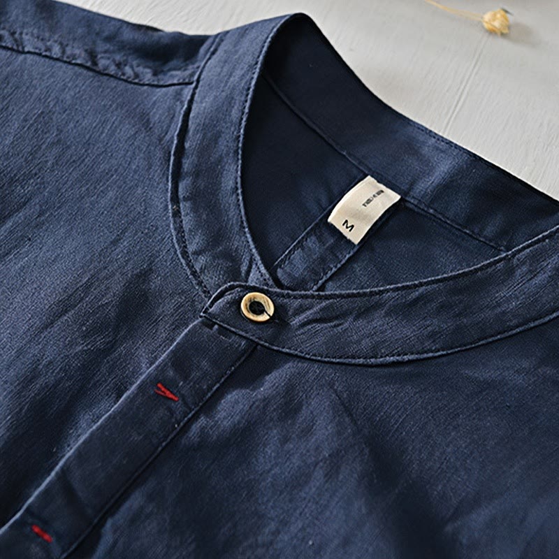 Chemise homme décontractée à manches courtes en coton et lin, motif Buddha Stones, demi-boutonnage