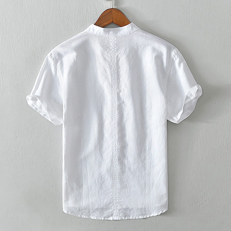 Chemise homme décontractée à manches courtes en coton et lin, motif Buddha Stones, demi-boutonnage