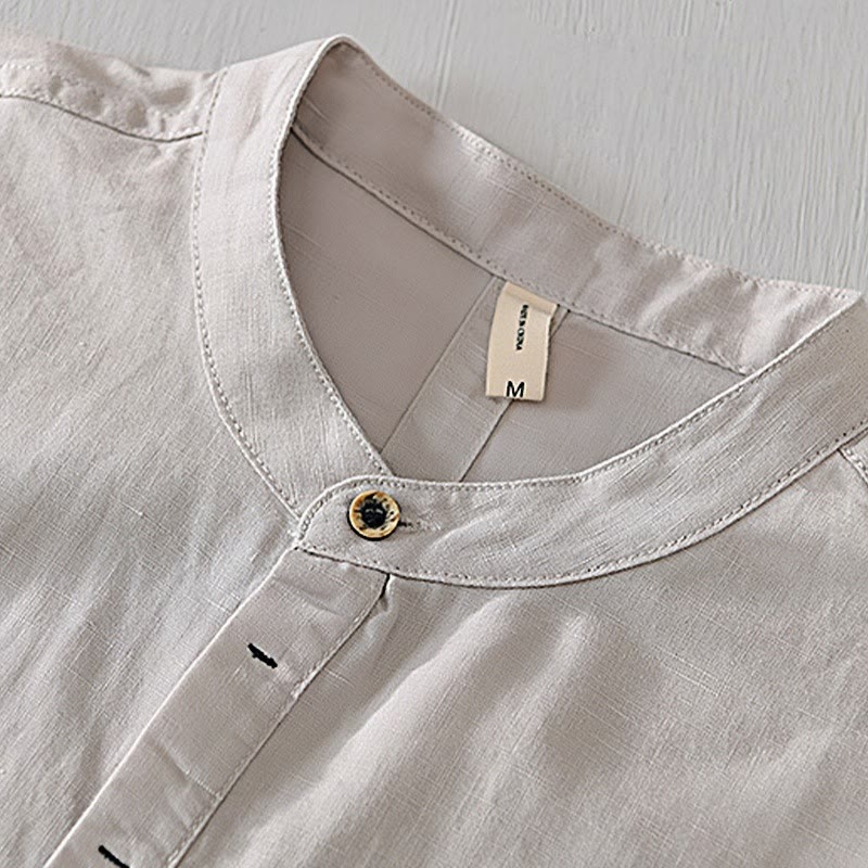 Chemise homme décontractée à manches courtes en coton et lin, motif Buddha Stones, demi-boutonnage - image 1