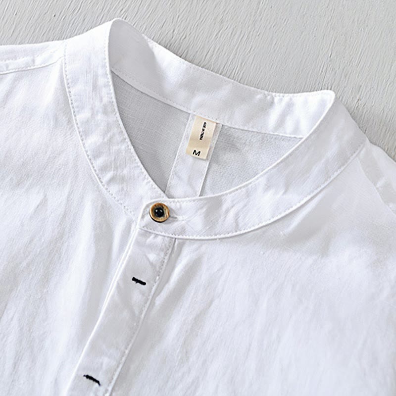 Chemise homme décontractée à manches courtes en coton et lin, motif Buddha Stones, demi-boutonnage