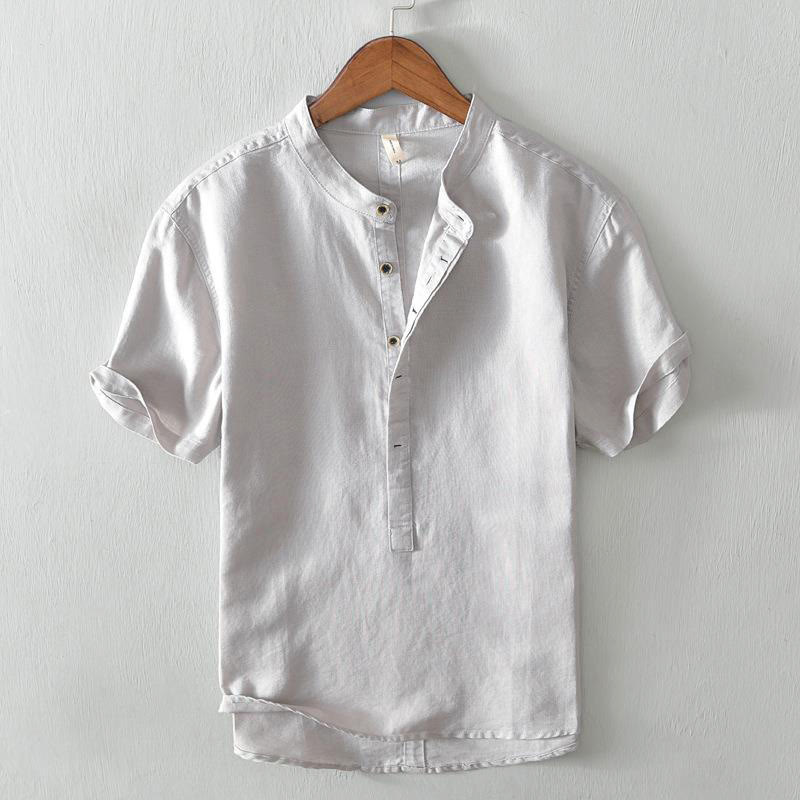 Chemise homme décontractée à manches courtes en coton et lin, motif Buddha Stones, demi-boutonnage - Gainsboro - US/UK/AU42，EU52 (4XL) - image 0