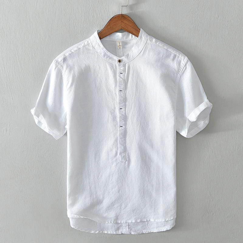 Chemise homme décontractée à manches courtes en coton et lin, motif Buddha Stones, demi-boutonnage