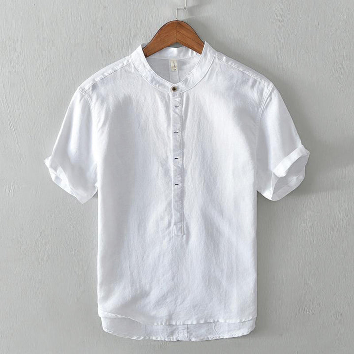 Chemise homme décontractée à manches courtes en coton et lin, motif Buddha Stones, demi-boutonnage