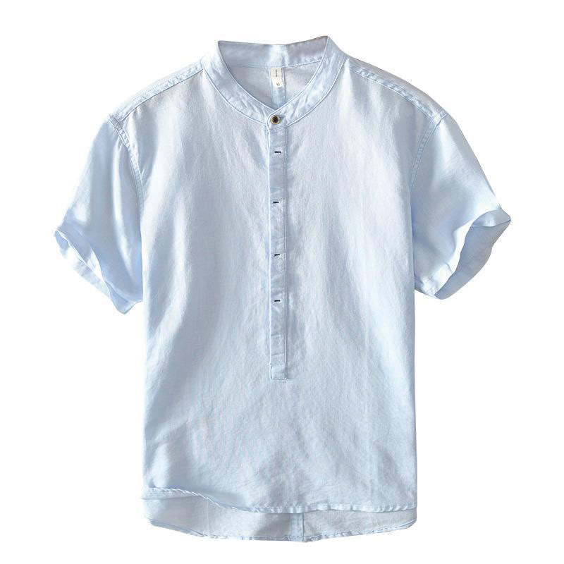 Chemise homme décontractée à manches courtes en coton et lin, motif Buddha Stones, demi-boutonnage