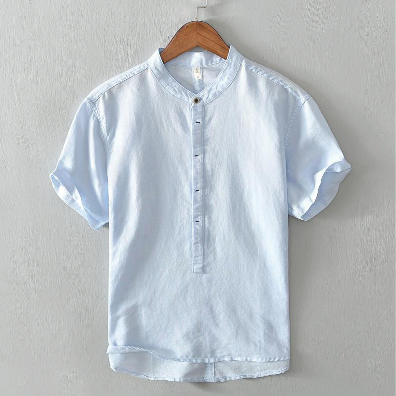 Chemise homme décontractée à manches courtes en coton et lin, motif Buddha Stones, demi-boutonnage
