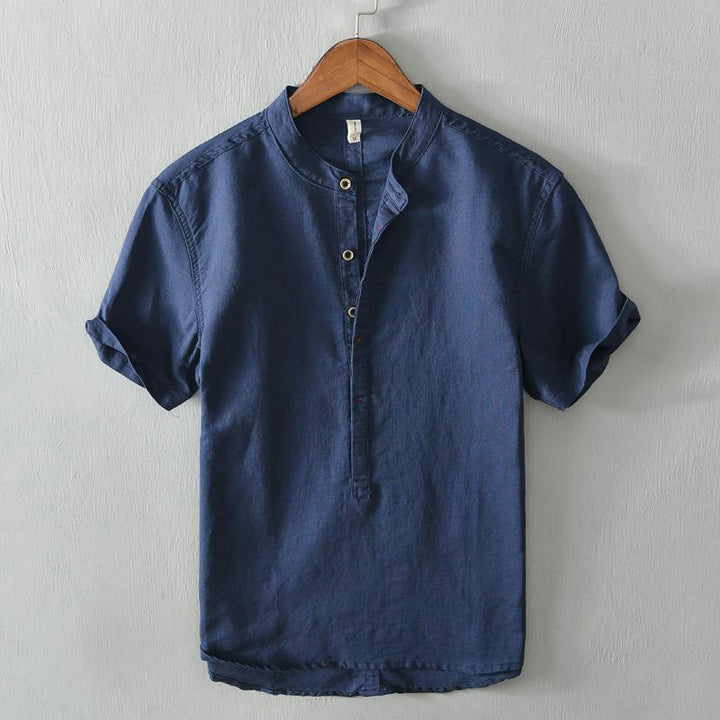 Chemise homme décontractée à manches courtes en coton et lin, motif Buddha Stones, demi-boutonnage
