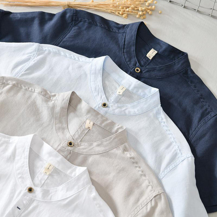 Chemise homme décontractée à manches courtes en coton et lin, motif Buddha Stones, demi-boutonnage