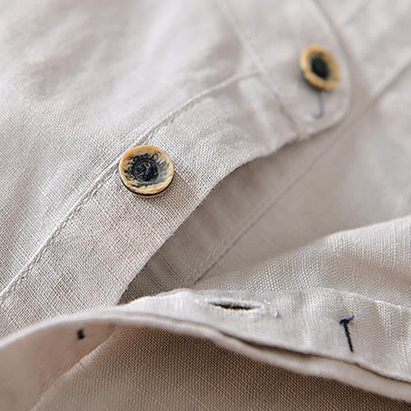 Chemise homme décontractée à manches courtes en coton et lin, motif Buddha Stones, demi-boutonnage