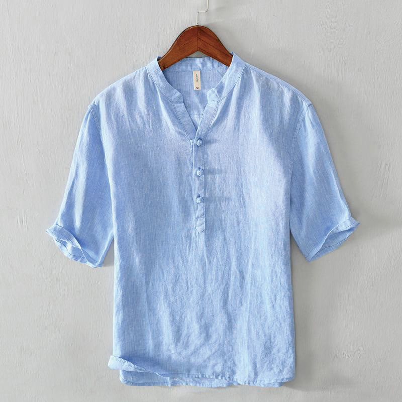 Chemise homme en lin à manches mi-longues et col montant, couleur unie, motif Buddha Stones - Bleuet - US/UK/AU42，EU52 (3XL) - image 11
