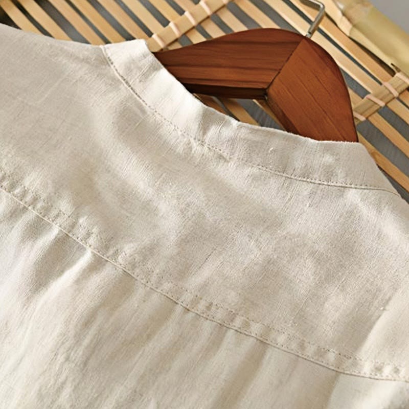 Chemise homme en lin à manches mi-longues et col montant, couleur unie, motif Buddha Stones - image 1