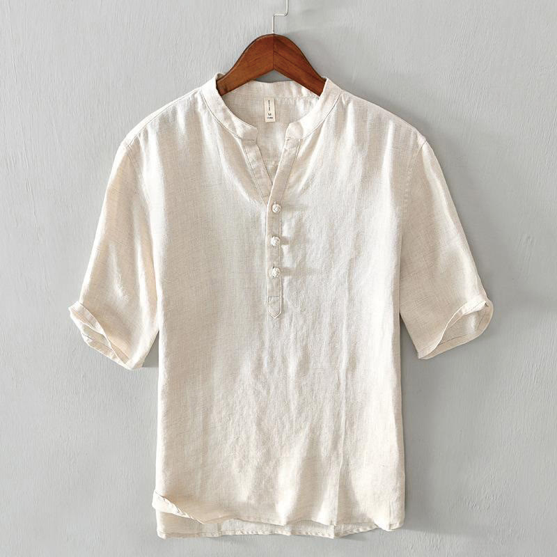 Chemise homme en lin à manches mi-longues et col montant, couleur unie, motif Buddha Stones - Jaune clair - US/UK/AU42，EU52 (3XL) - image 0