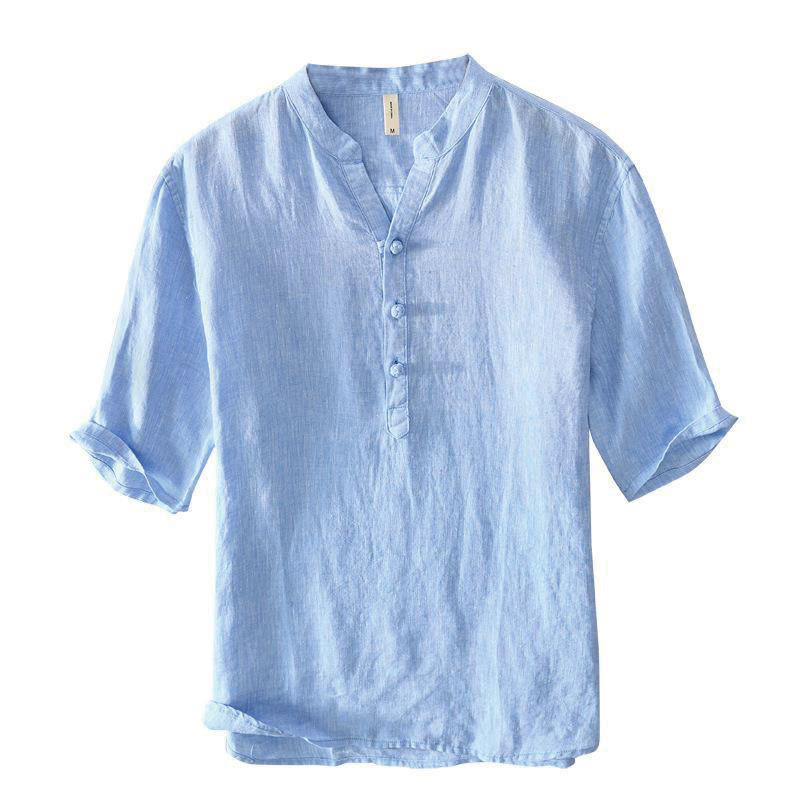 Chemise homme en lin à manches mi-longues et col montant, couleur unie, motif Buddha Stones - image 13