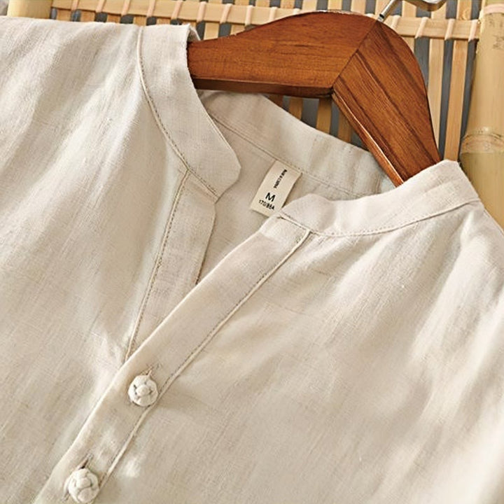 Chemise homme en lin à manches mi-longues et col montant, couleur unie, motif Buddha Stones - image 2