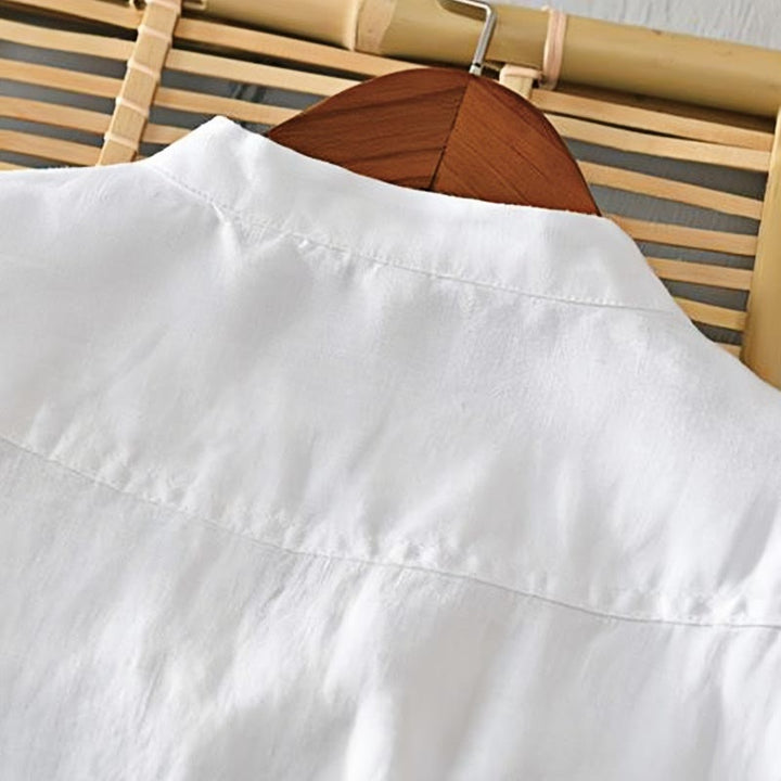 Chemise homme en lin à manches mi-longues et col montant, couleur unie, motif Buddha Stones - image 8