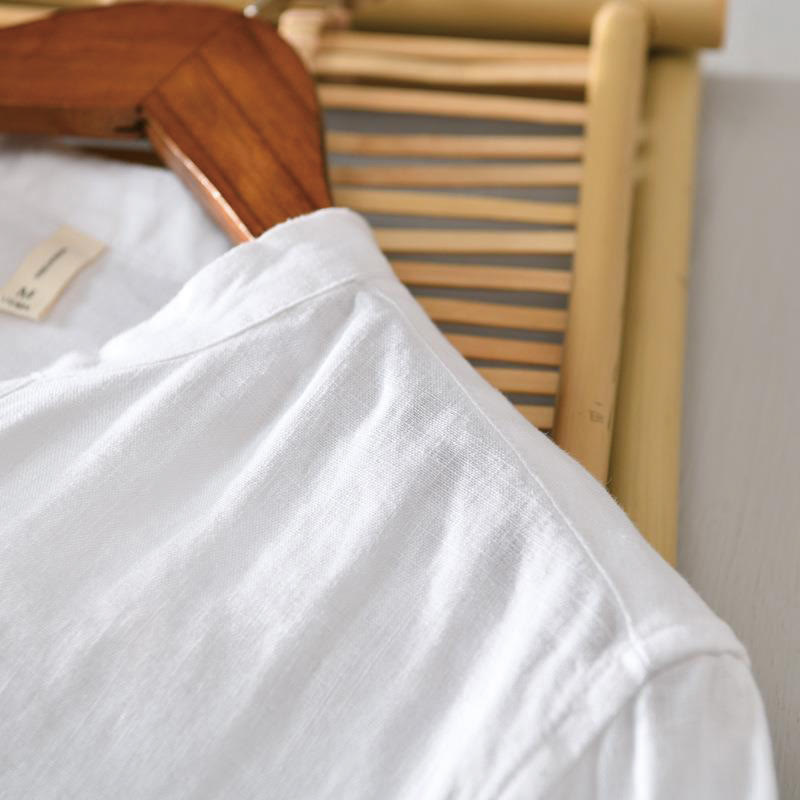 Chemise homme en lin à manches mi-longues et col montant, couleur unie, motif Buddha Stones - image 7