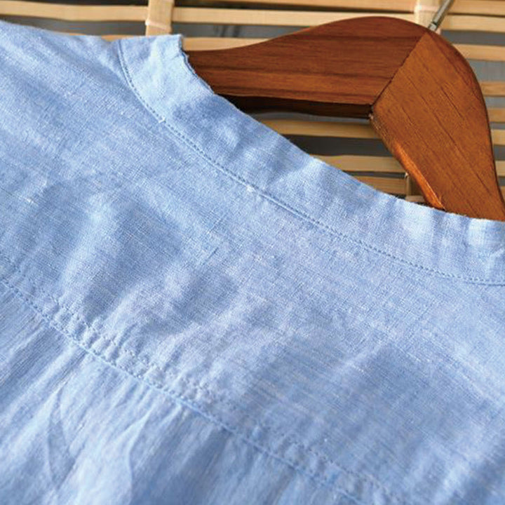 Chemise homme en lin à manches mi-longues et col montant, couleur unie, motif Buddha Stones - image 14