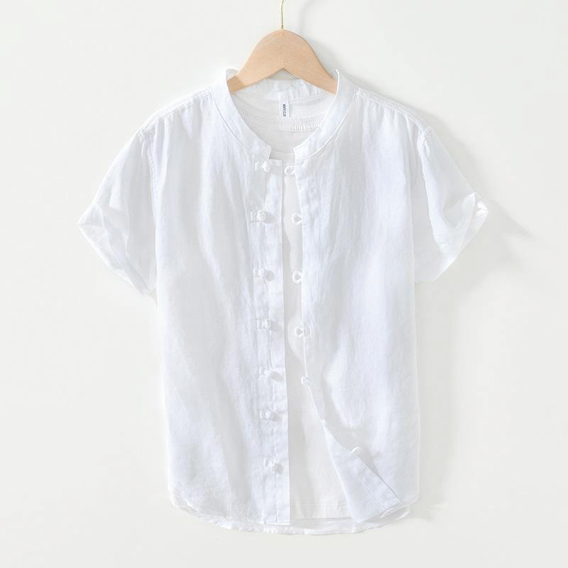 Chemise homme en lin à manches courtes et col montant avec boutons grenouille Buddha Stones Daily - Blanc - US/UK/AU42，EU52 (3XL) - image 6