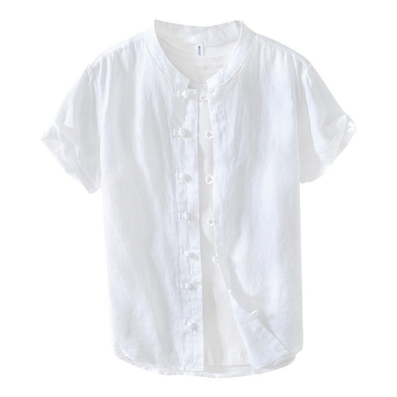 Chemise homme en lin à manches courtes et col montant avec boutons grenouille Buddha Stones Daily - image 13