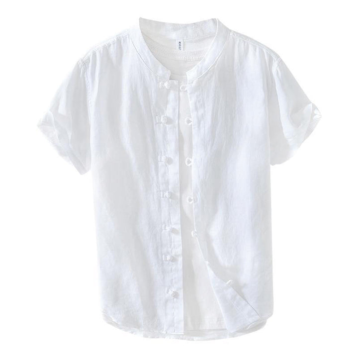 Chemise homme en lin à manches courtes et col montant avec boutons grenouille Buddha Stones Daily - image 13