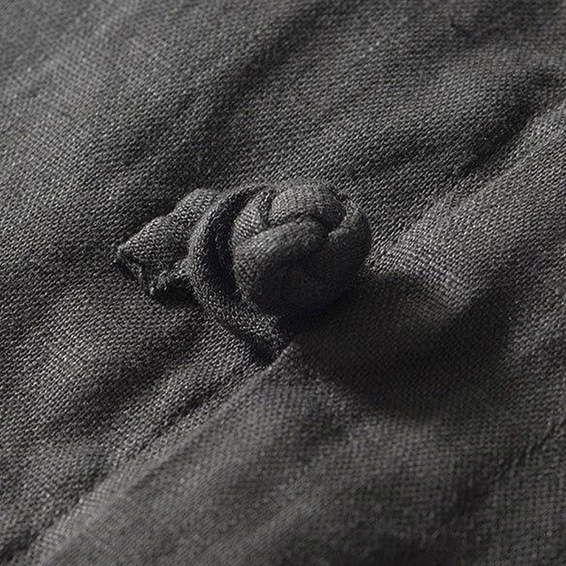 Chemise homme en lin à manches courtes et col montant avec boutons grenouille Buddha Stones Daily - image 3