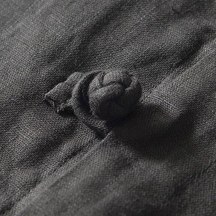 Chemise homme en lin à manches courtes et col montant avec boutons grenouille Buddha Stones Daily - image 3