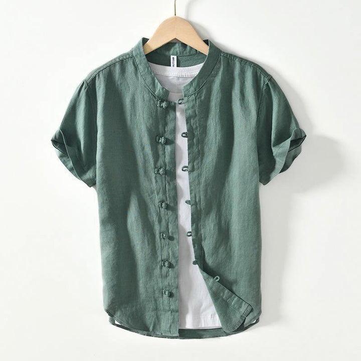 Chemise homme en lin à manches courtes et col montant avec boutons grenouille Buddha Stones Daily - Vert mer moyen - US/UK/AU42，EU52 (3XL) - image 18
