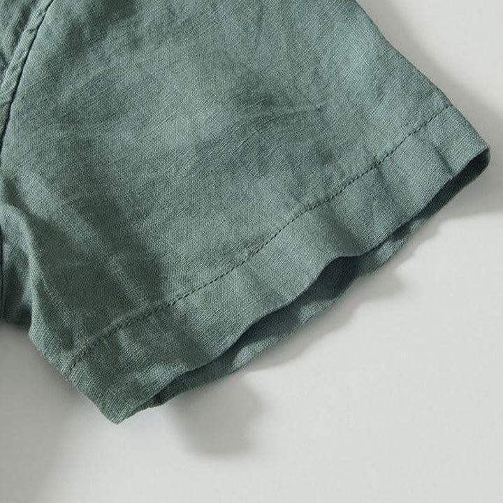 Chemise homme en lin à manches courtes et col montant avec boutons grenouille Buddha Stones Daily - image 23