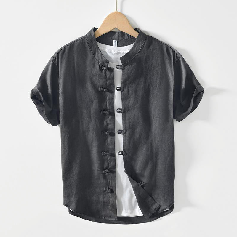 Chemise homme en lin à manches courtes et col montant avec boutons grenouille Buddha Stones Daily - Gris sombre - US/UK/AU42，EU52 (3XL) - image 0