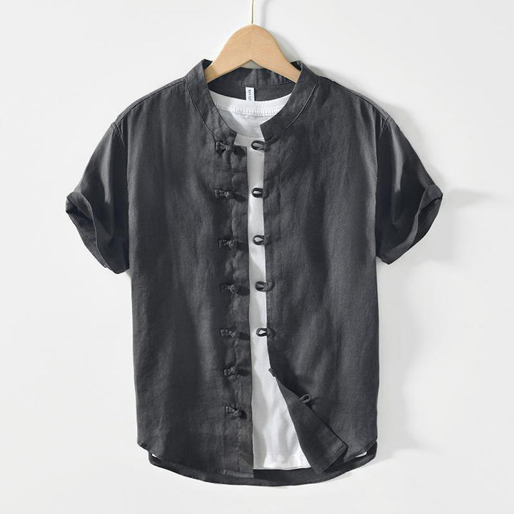 Chemise homme en lin à manches courtes et col montant avec boutons grenouille Buddha Stones Daily - Gris sombre - US/UK/AU42，EU52 (3XL) - image 0