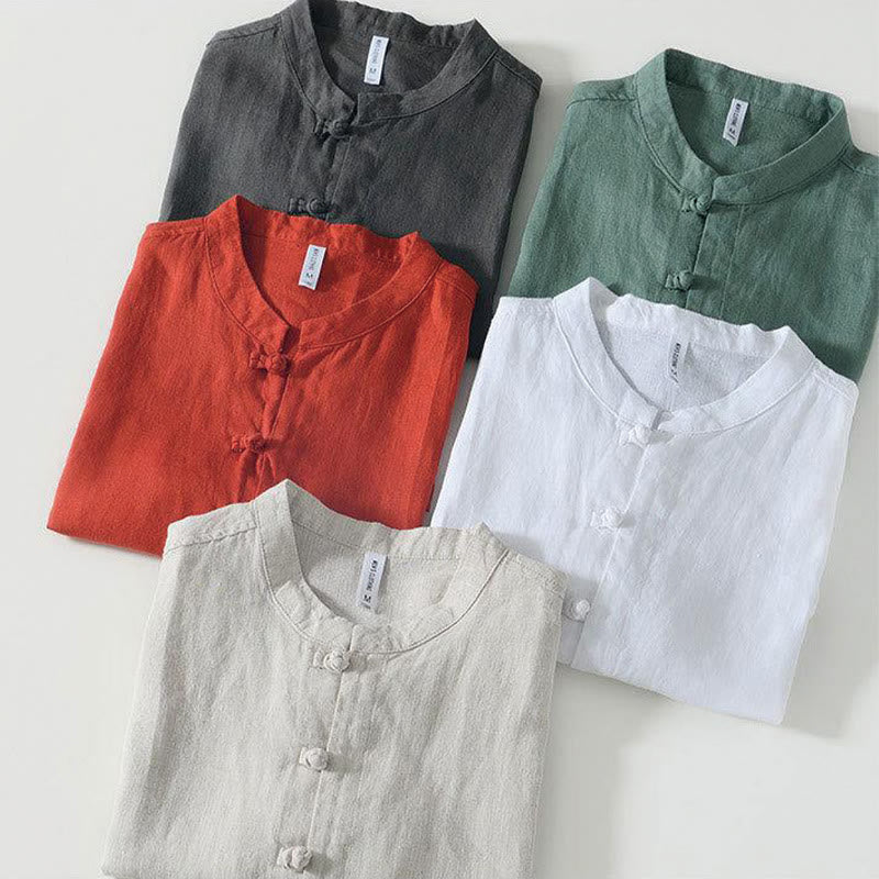 Chemise homme en lin à manches courtes et col montant avec boutons grenouille Buddha Stones Daily - image 29