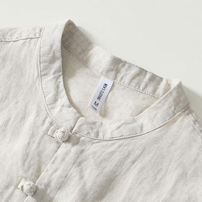 Chemise homme en lin à manches courtes et col montant avec boutons grenouille Buddha Stones Daily - image 14