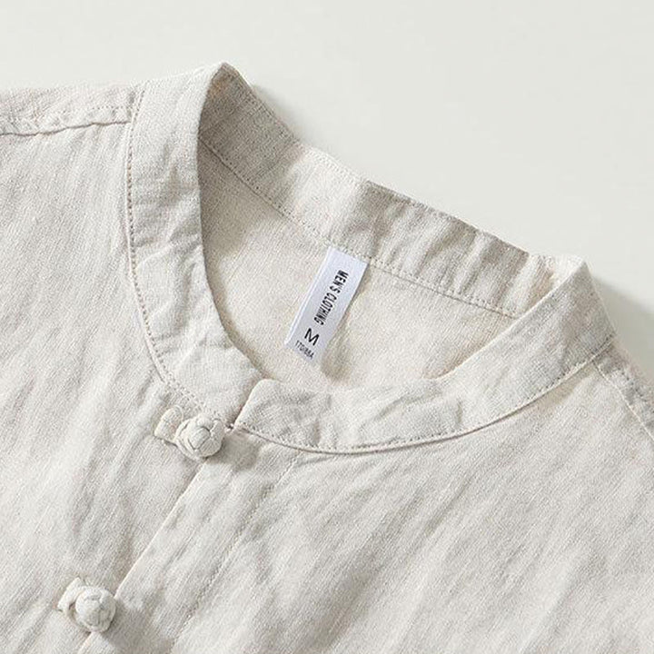 Chemise homme en lin à manches courtes et col montant avec boutons grenouille Buddha Stones Daily - image 14