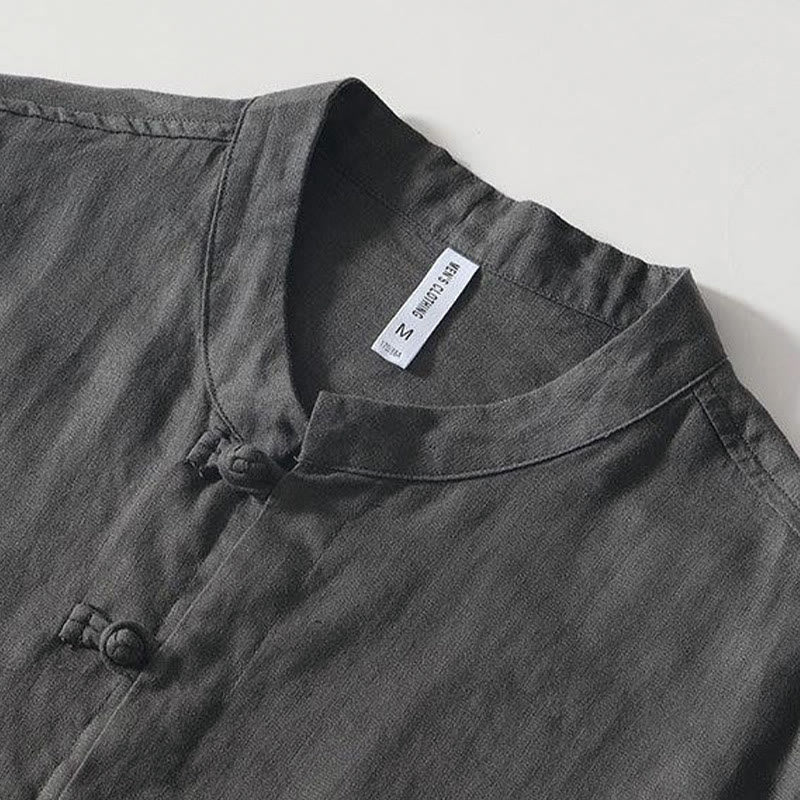 Chemise homme en lin à manches courtes et col montant avec boutons grenouille Buddha Stones Daily - image 2