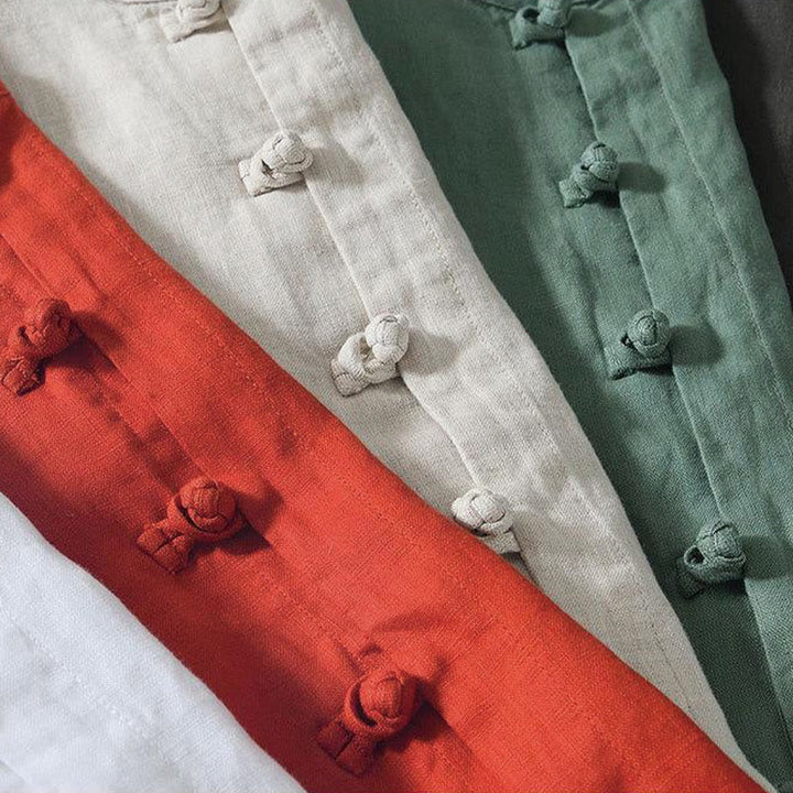 Chemise homme en lin à manches courtes et col montant avec boutons grenouille Buddha Stones Daily - image 28