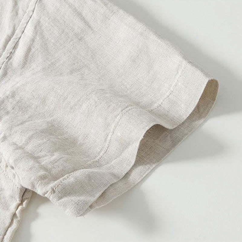 Chemise homme en lin à manches courtes et col montant avec boutons grenouille Buddha Stones Daily - image 16