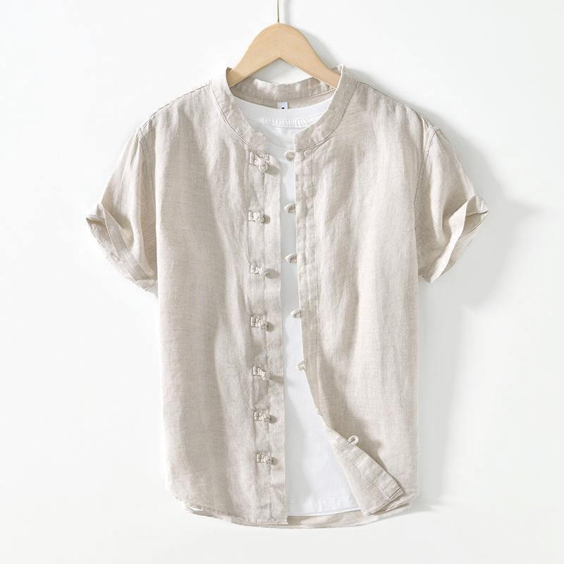 Chemise homme en lin à manches courtes et col montant avec boutons grenouille Buddha Stones Daily - Gris clair - US/UK/AU42，EU52 (3XL) - image 14