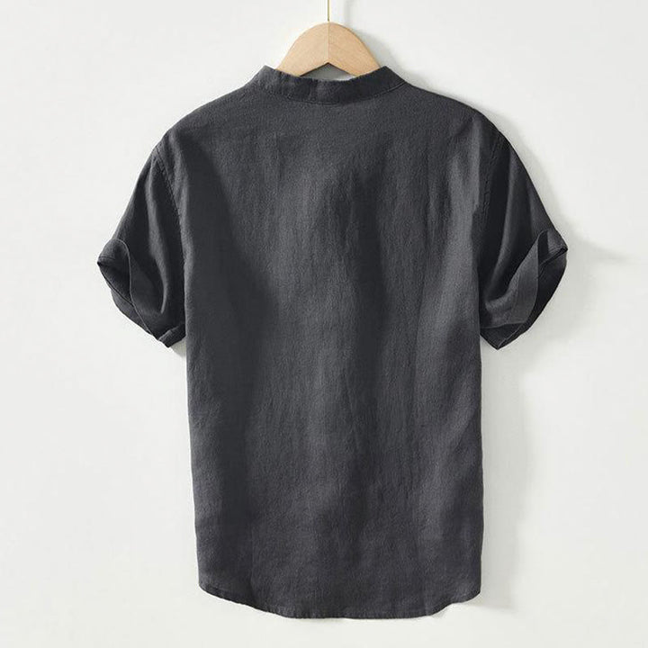 Chemise homme en lin à manches courtes et col montant avec boutons grenouille Buddha Stones Daily - image 2