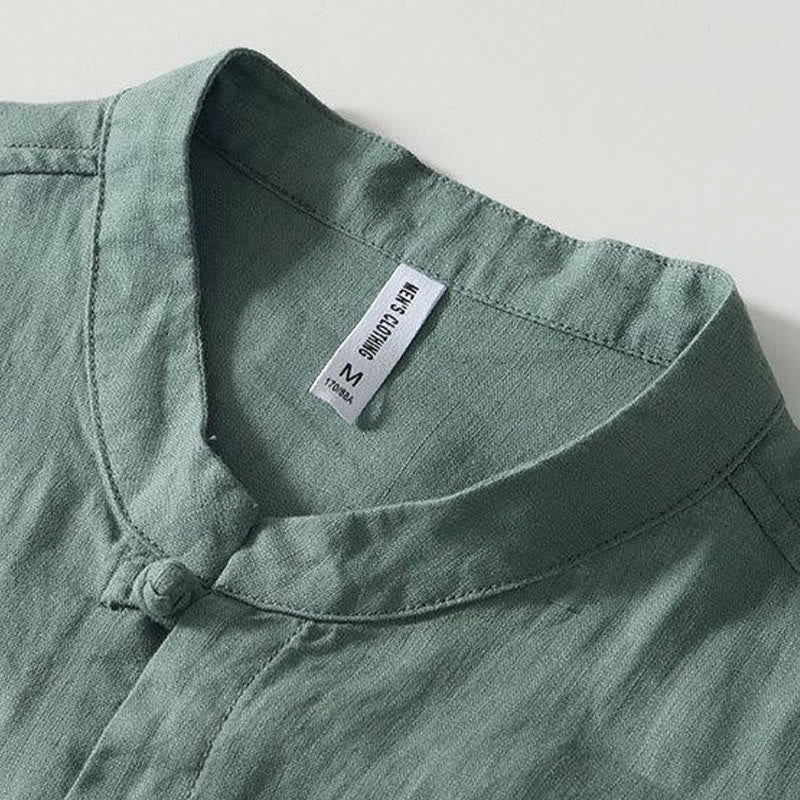 Chemise homme en lin à manches courtes et col montant avec boutons grenouille Buddha Stones Daily - image 20