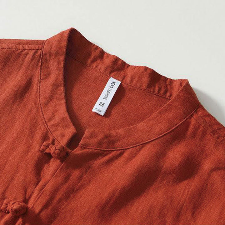Chemise homme en lin à manches courtes et col montant avec boutons grenouille Buddha Stones Daily - image 25