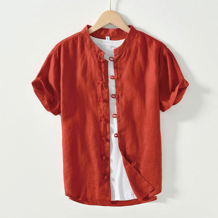 Chemise homme en lin à manches courtes et col montant avec boutons grenouille Buddha Stones Daily - Rouge - US/UK/AU42，EU52 (3XL) - image 23