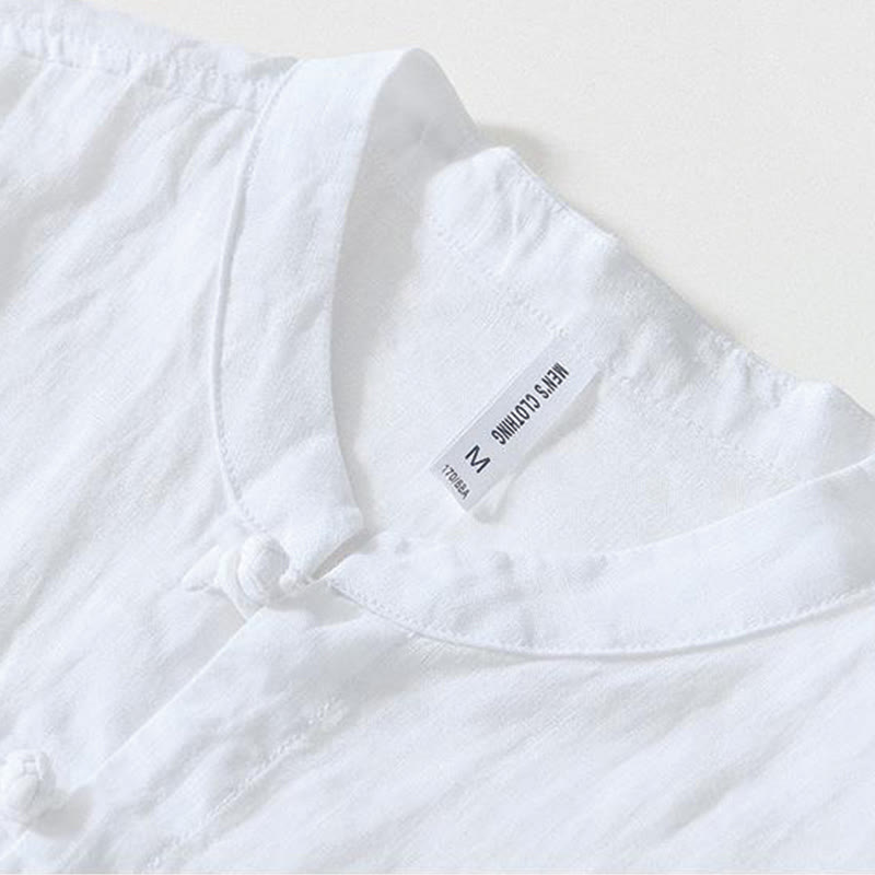 Chemise homme en lin à manches courtes et col montant avec boutons grenouille Buddha Stones Daily - image 7