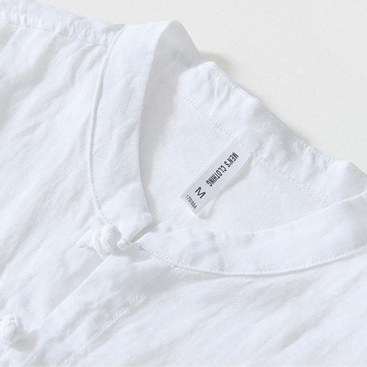 Chemise homme en lin à manches courtes et col montant avec boutons grenouille Buddha Stones Daily - image 7