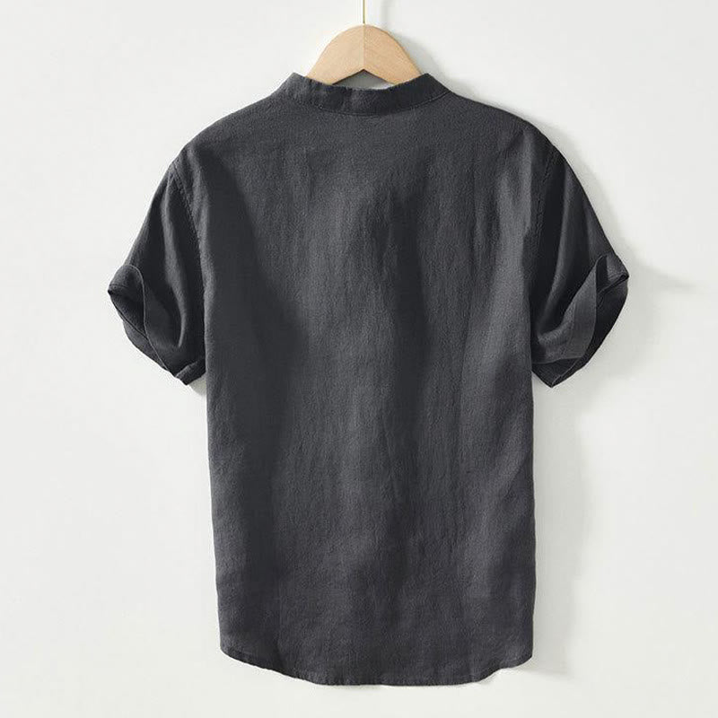 Chemise homme en lin à manches courtes et col montant avec boutons grenouille Buddha Stones Daily - image 1