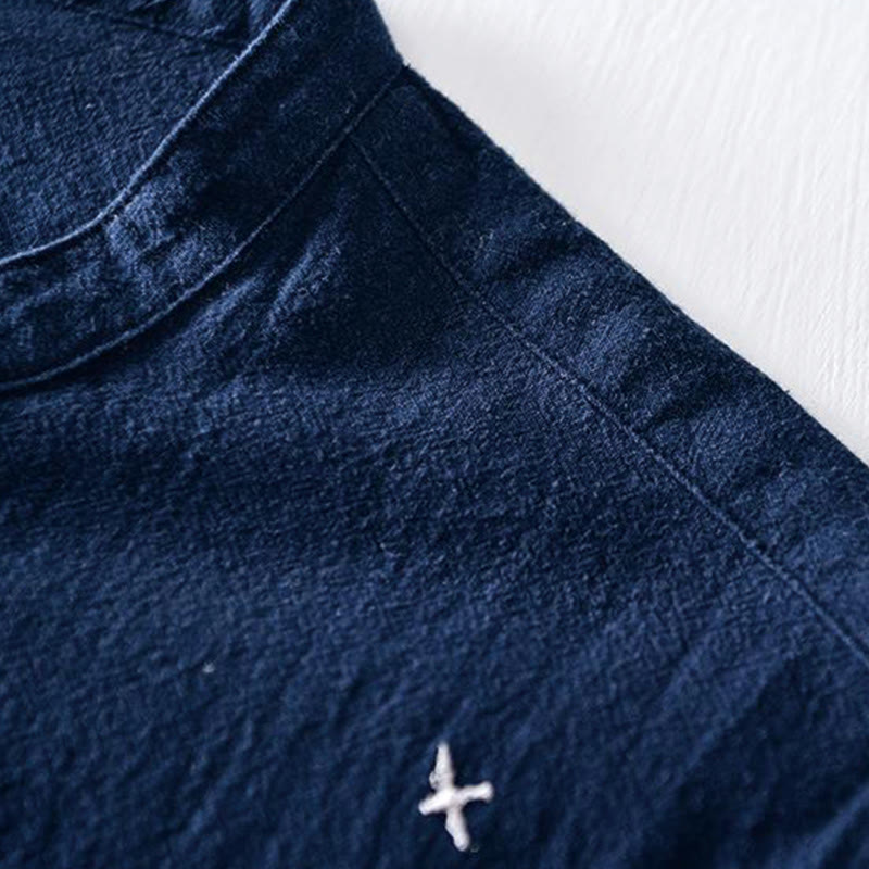 Chemise homme en coton et lin à manches courtes et col mandarin avec broderie Buddha Stones - image 4