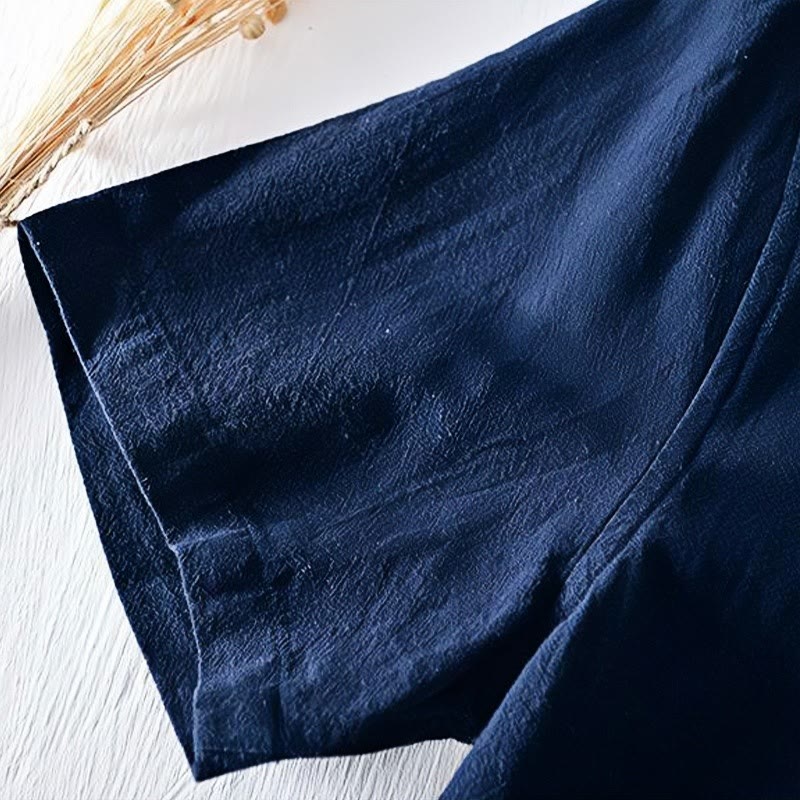 Chemise homme en coton et lin à manches courtes et col mandarin avec broderie Buddha Stones - image 6