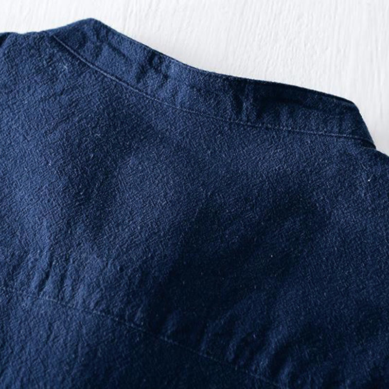 Chemise homme en coton et lin à manches courtes et col mandarin avec broderie Buddha Stones - image 5