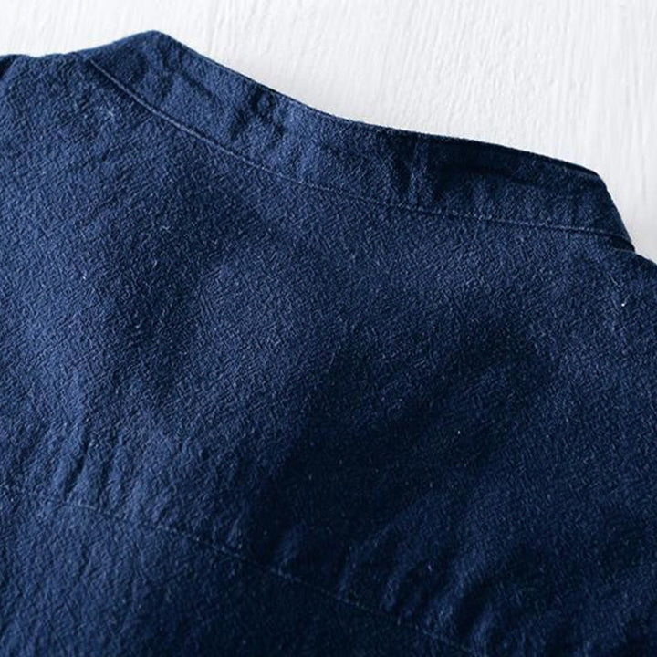 Chemise homme en coton et lin à manches courtes et col mandarin avec broderie Buddha Stones - image 5