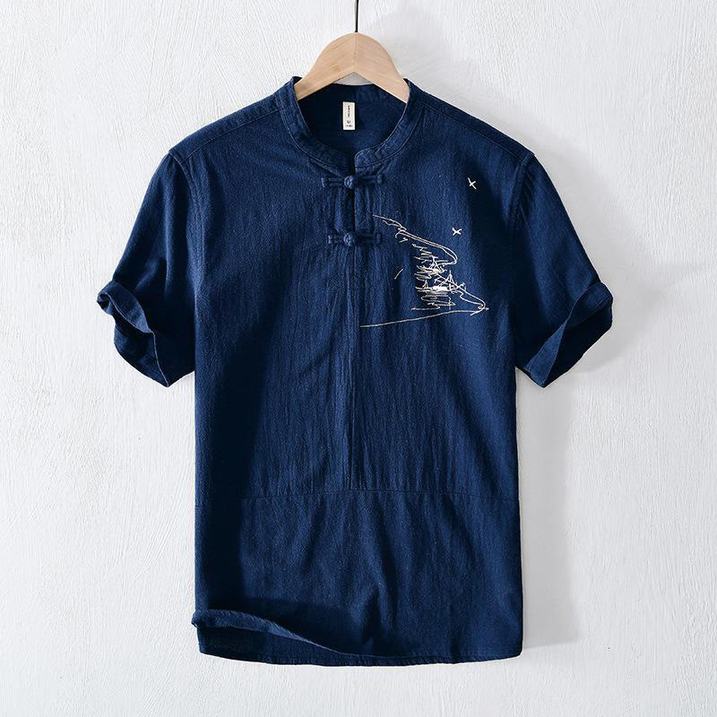 Chemise homme en coton et lin à manches courtes et col mandarin avec broderie Buddha Stones - Marine - US/UK/AU42，EU52 (3XL) - image 0