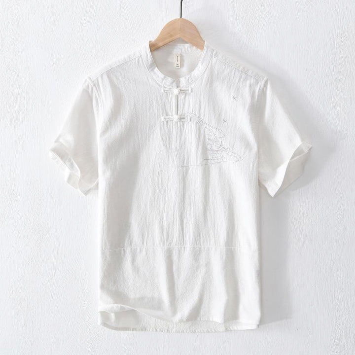 Chemise homme en coton et lin à manches courtes et col mandarin avec broderie Buddha Stones - Blanc - US/UK/AU42，EU52 (3XL) - image 10